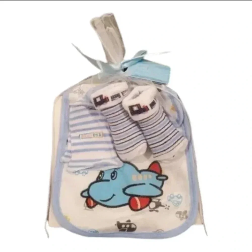 Baby Boy Gift Set Blue Plane Bib, Mittens, Socks Gift Set With Organza Bag